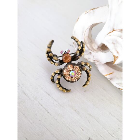Bronze Spider Rhinestone Brooch - Picture 1 of 6